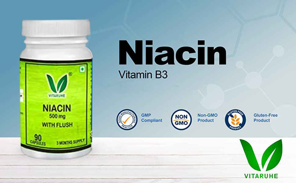VITARUHE® Vitamin B3 Niacin (Nicotinic Acid) 90 Capsules - with Flush, Non-GMO, Gluten Free