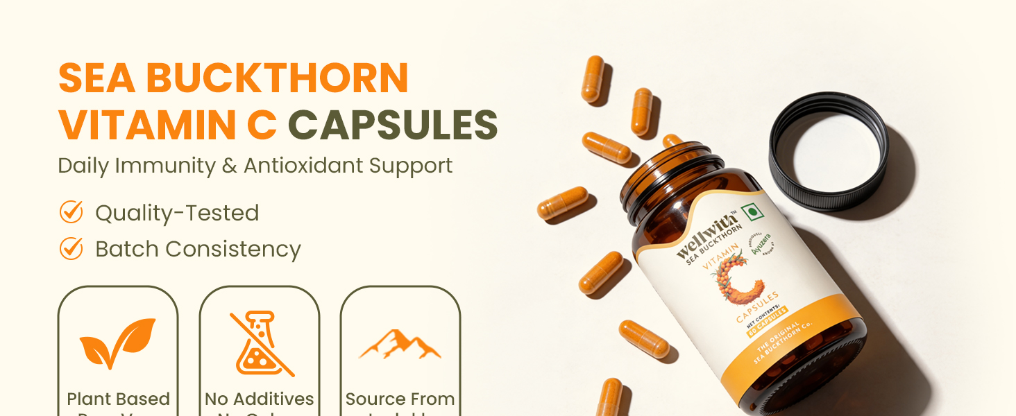 Wellwith by Ayuzera Sea buckthorn Berry Powder Capsules – 60 Vegan Caps | Natural Vitamin C for Skin Glow & Collagen Boost | Antioxidant Support | Pack of 1