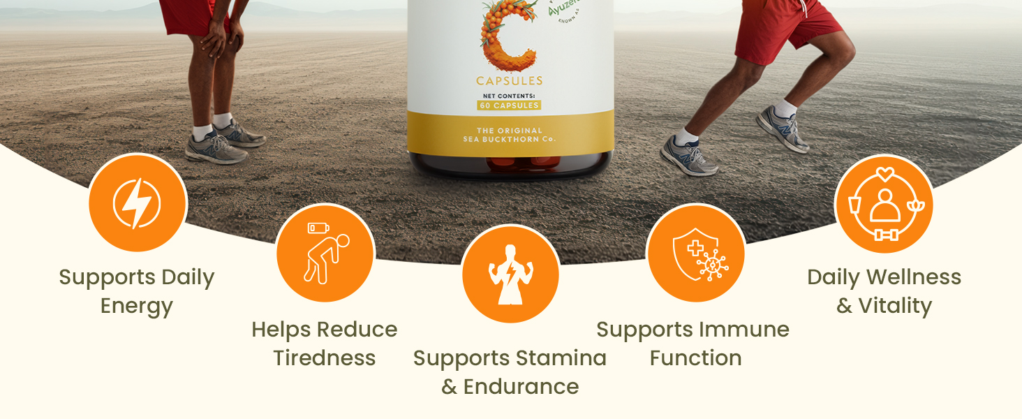 Wellwith by Ayuzera Sea buckthorn Berry Powder Capsules – 60 Vegan Caps | Natural Vitamin C for Skin Glow & Collagen Boost | Antioxidant Support | Pack of 1