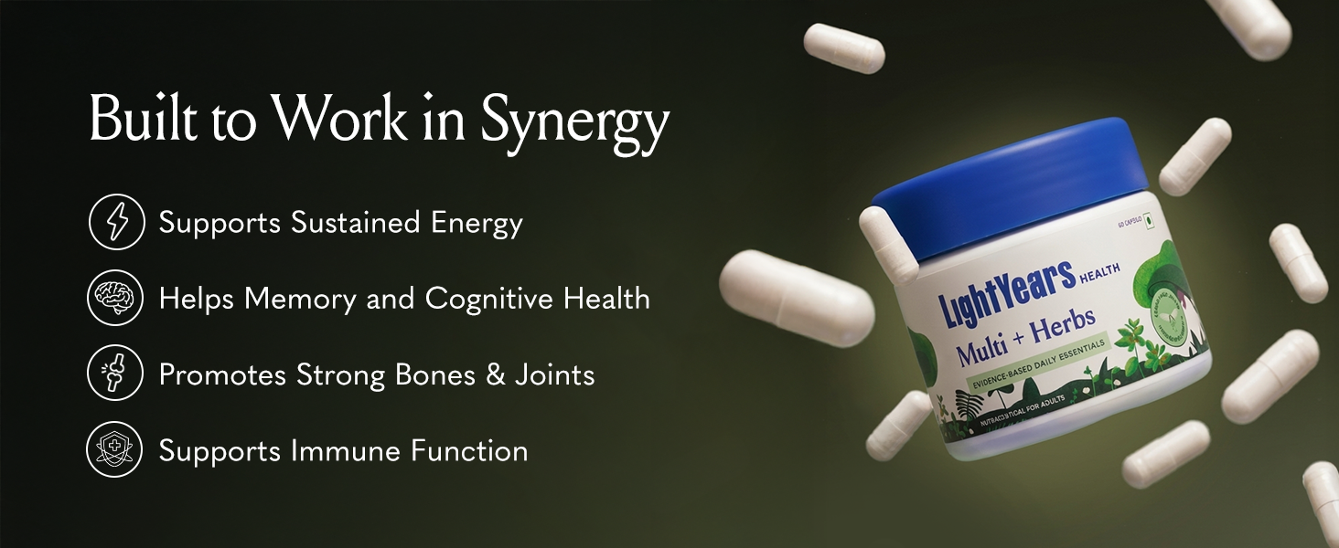 LightYears Multi + Herbs | Vitamins, Minerals & Herbs | Boosts Energy, Supports Immunity & Memory | Supports Bone & Joint Health | No Titanium Dioxide | 60 Capsules