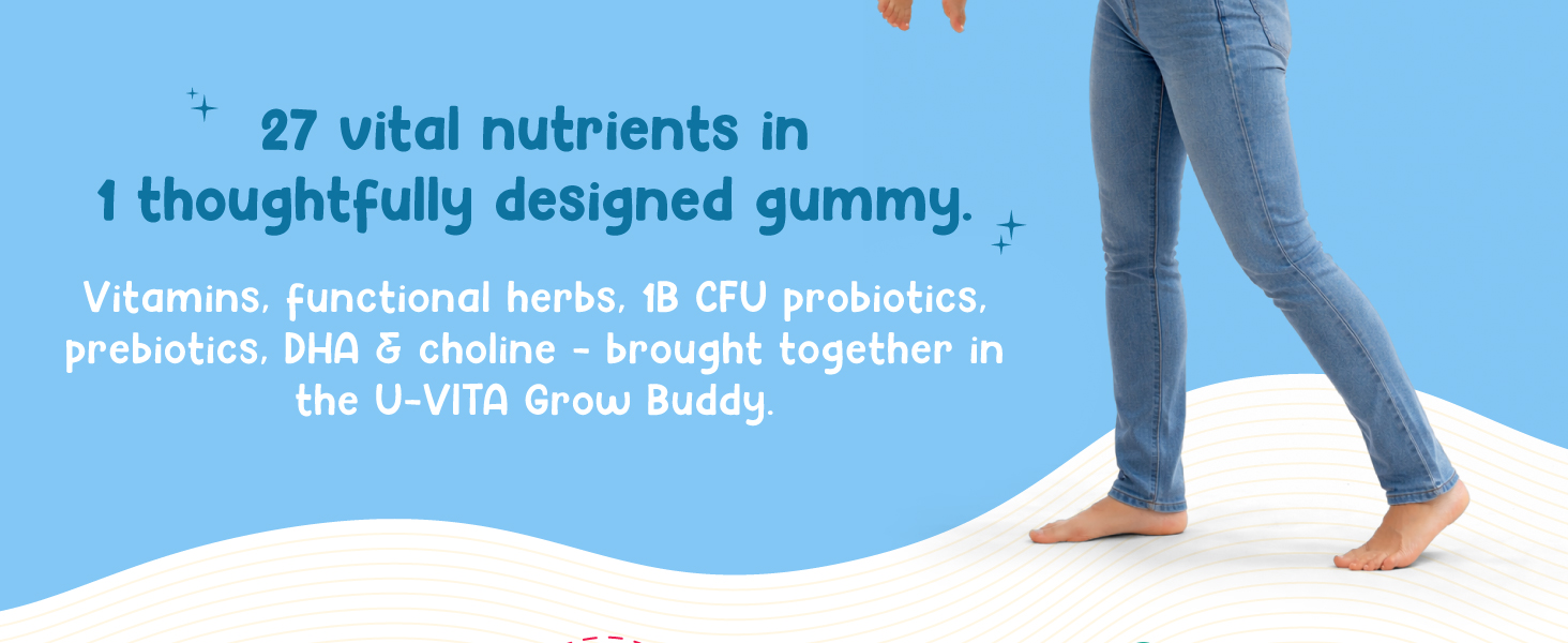 U-VITA Grow Buddy Multivitamin Gummies for Kids (2+ Years) | No Added Sugar | 27 Essential Vitamins, Minerals & Pure herbal extracts | 3 Flavours – Mango, Strawberry & Orange | 30 Gummies | Made in India and Formulated in the UK