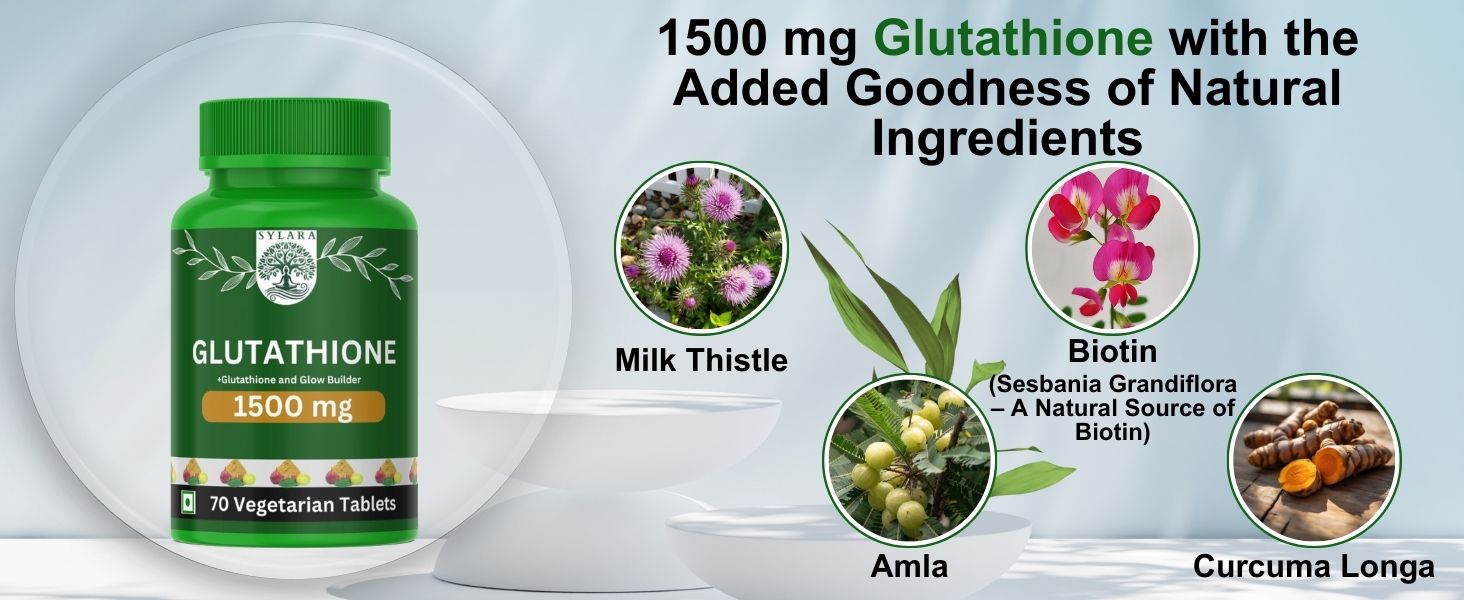SYLARA 1500 mg Glutathione Tablets For Skin Whitening - 70 Tablets Capsules Supplements with Vitamin C with Biotin, Vegetarian Collagen for Skin Glow