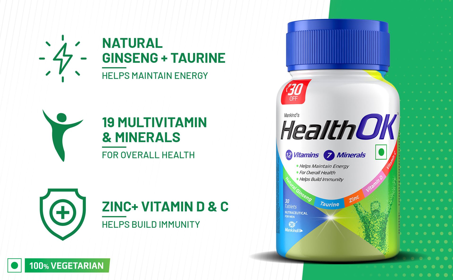 Health Ok Multi Vitamin and Mineral Health Supplement (for Energy and Overall Health with added Immunity) Tablets (Pack of 2)