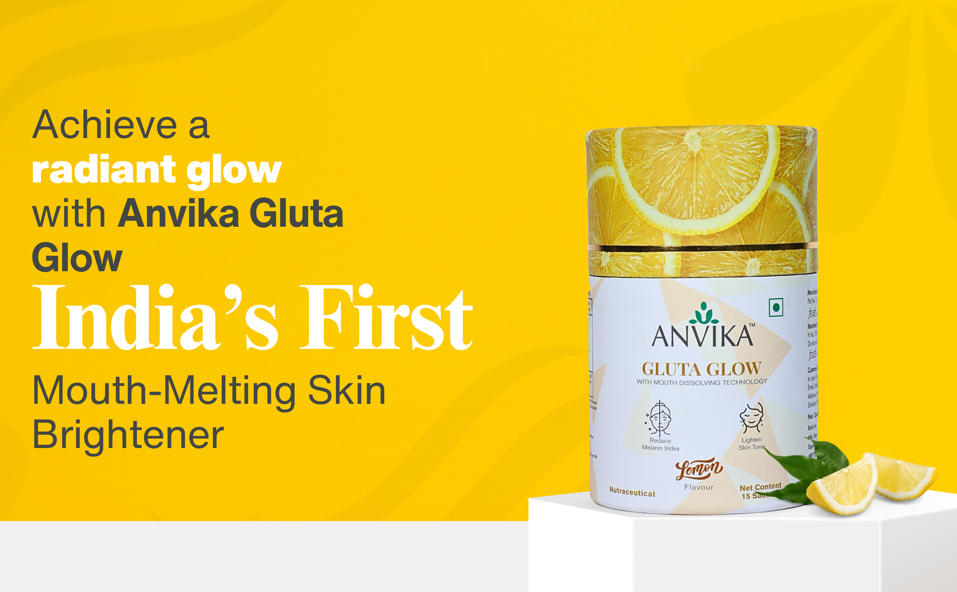 Gluta Glow with L-Glutathione & Vitamin C | Skin Brightening & Antioxidant Support | Lemon Flavor | Mouth dissolving Glutathione | 15 Sachet