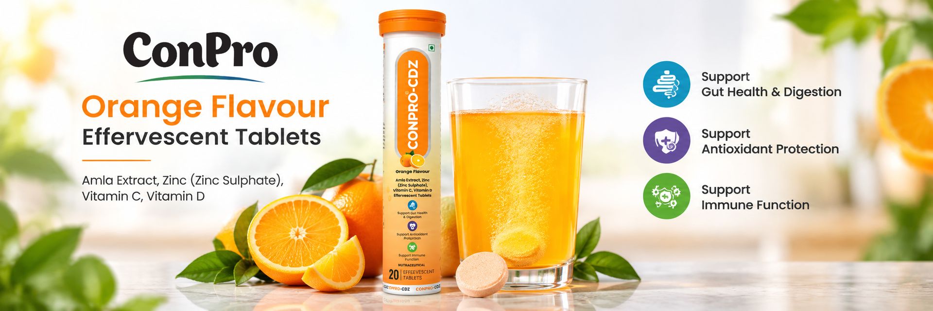 CDZ Orange Flavour Effervescent Tablets | Amla Extract, Zinc (Zinc Sulphate), Vitamin C & Vitamin D | Immune Support, Antioxidant Protection & Digestive Health | 20 Effervescent Tablets