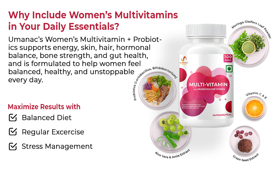 Umanac Plus Women’s Multivitamin | 100 Tablets | With Ginseng, Probiotics, Amla, Turmeric, Aloe Vera & Biotin | Daily Multivitamin for Energy, Immunity, Skin & Hair