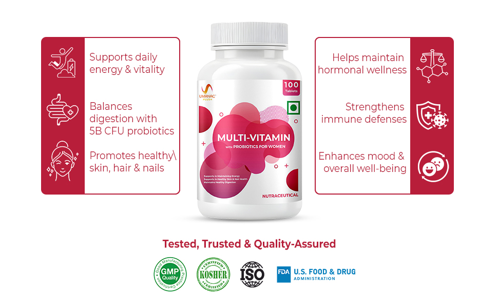 Umanac Plus Women’s Multivitamin | 100 Tablets | With Ginseng, Probiotics, Amla, Turmeric, Aloe Vera & Biotin | Daily Multivitamin for Energy, Immunity, Skin & Hair