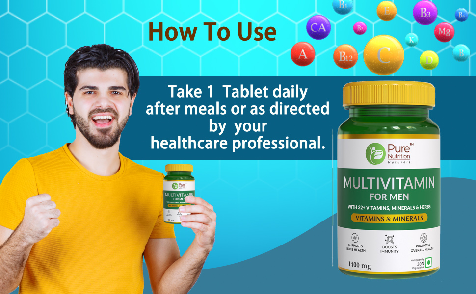 Pure Nutrition Multivitamin for Men (1400mg), 30 Veg Tablets, with Biotin, Iron, Alfa Alfa, Moringa, Ginseng, Fenugreek & Green Tea | Supports Immunity, Energy, Stamina, Bone & Overall Health