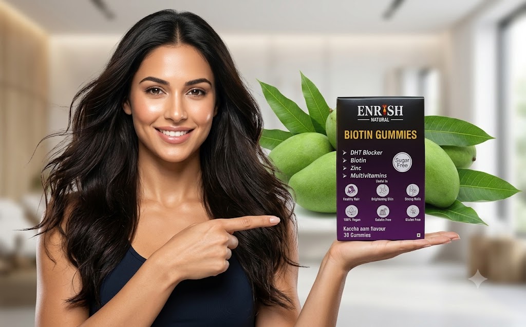 Biotin Hair Gummies | Kachha Aam Flavour | Biotin, DHT Blockers, Vitamin A, C, E, Fibre & Zinc | Gummies For Hair Growth & Skin Health For Women & Men - 30 Gummy