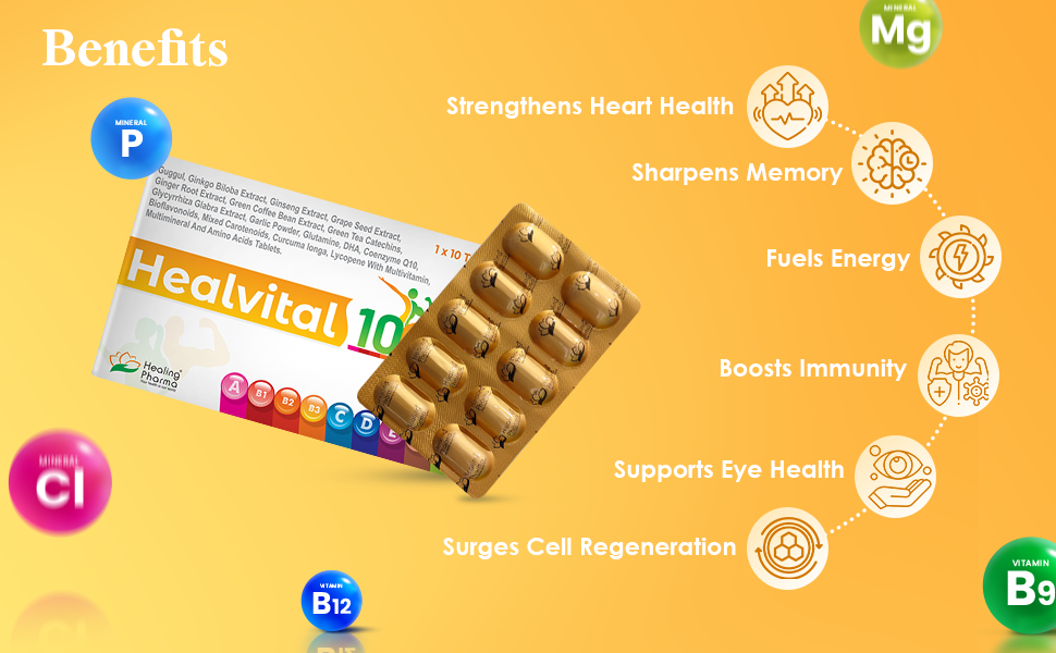 Healing Pharma - Healvital 10G Multivitamin Tablets For Men & Women With Natural Ginseng, Zinc, Biotin, Magnesium & Vitamin D3 For Daily Energy, Stamina & Immunity - 10 Tablets