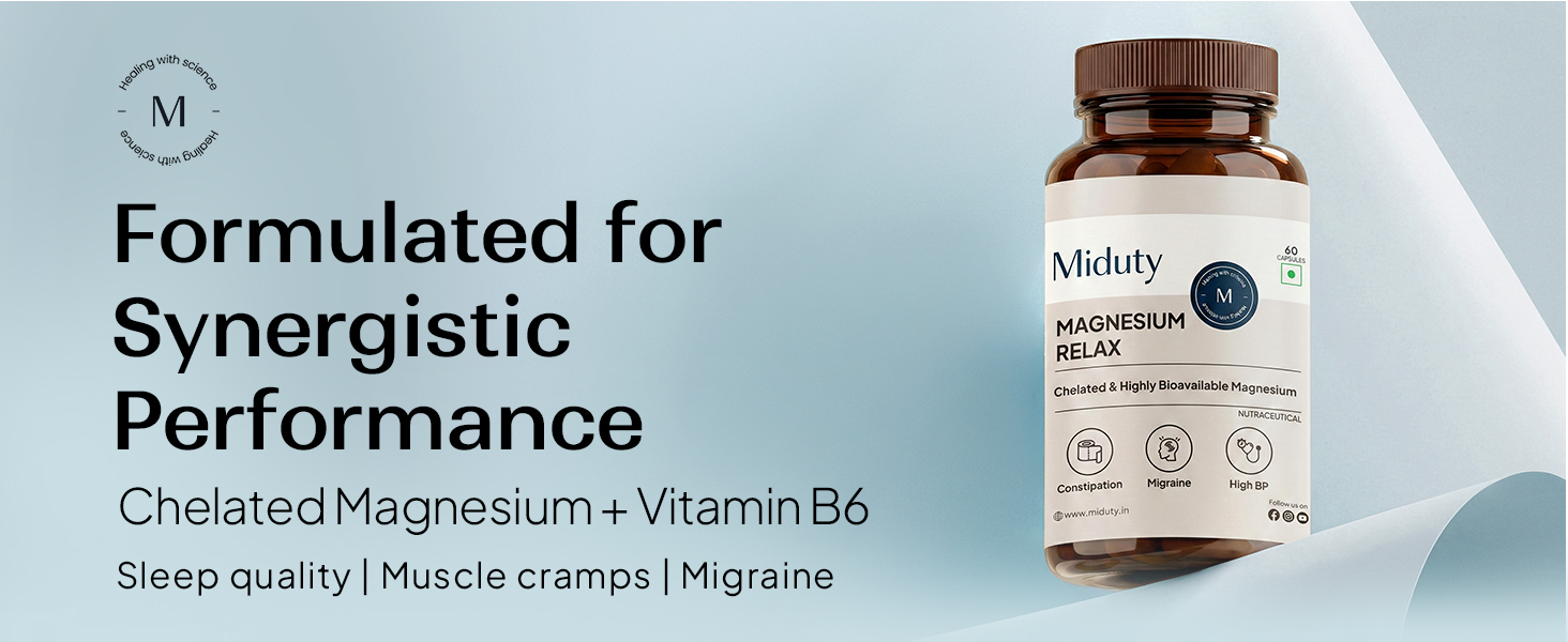 Miduty Chelated Magnesium Bisglycinate (Glycinate) | 1500mg Supplement for Sleep, Stress Relief, Muscle Recovery & Muscle Cramps | 300mg Elemental Magnesium | High Absorption with Vitamin B6 | 60 Veg Capsules