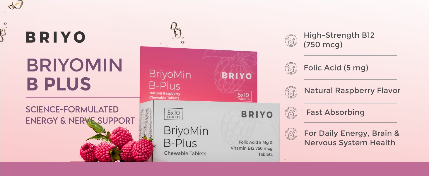 Briyomin B Plus: Folic Acid & Vitamin B12 Tablets - Supports Red Blood Cells, DNA Synthesis, and Nervous System Health - Natural Raspberry Flavored B9 & B12 Chewable Tablets (Pack of 50)