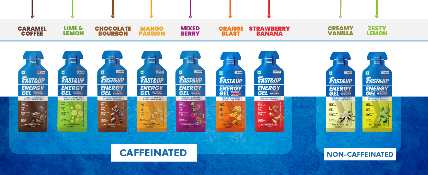 Fast&Up Energy Gel- Chocolate Bourbon flavour (Caffeinated) - Pack of 6 Gel Sachets, For Instant energy boost, Improved endurance and performance