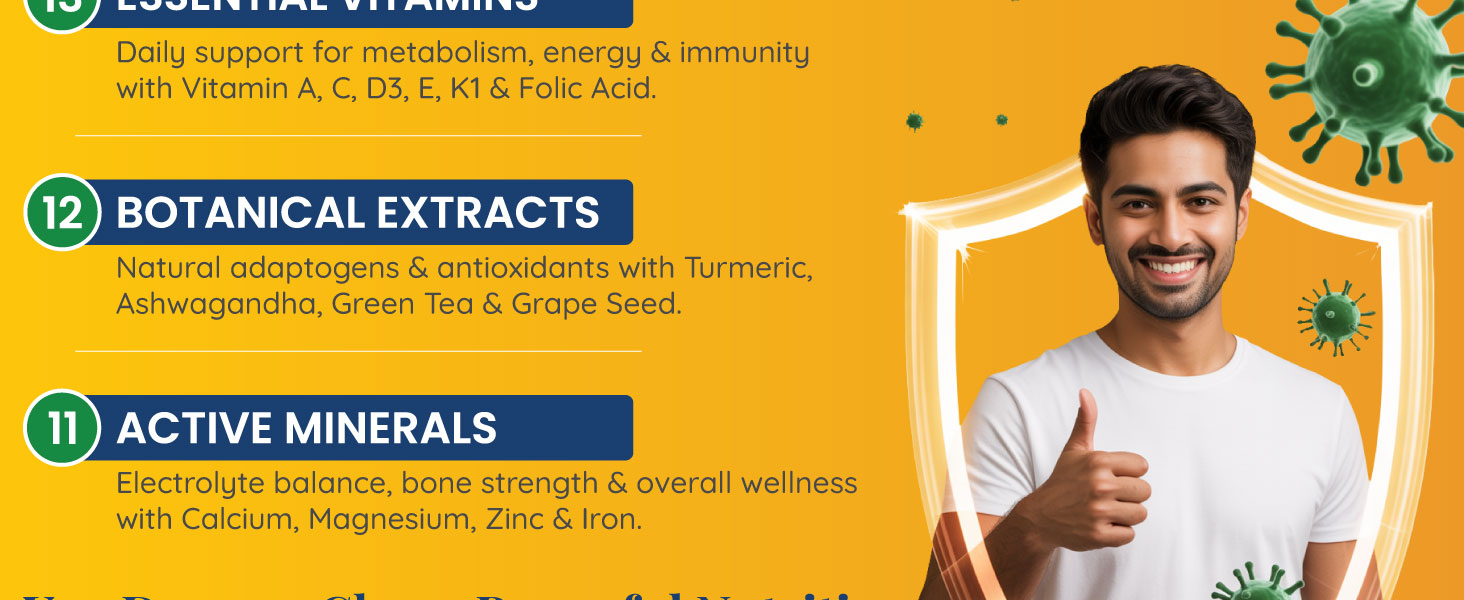 GradeOne Nutrition Multivitamin for Men | 13 Vitamins, 12 Botanicals & 11 Minerals | For Energy, Immunity & Overall Health | 60 Tablets | 100% Vegetarian