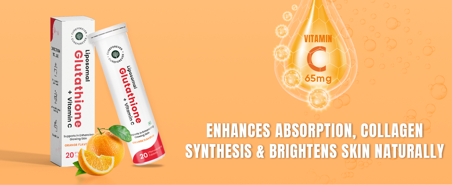 CUREFOREVER Glutathione Effervescent Tablets, 20 Tablets with Vitamin C, Liposomal Glutathione 500mg for Antioxidant Support, Skin Glow & Radiance Support, Detox Support