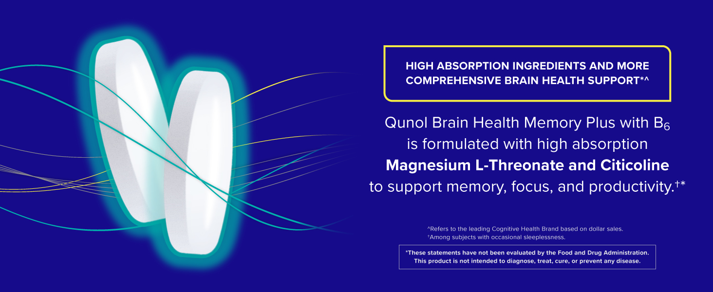 Qunol Brain Health Memory Plus w/Magtein, Cognizin & Vitamin B6, 90ct