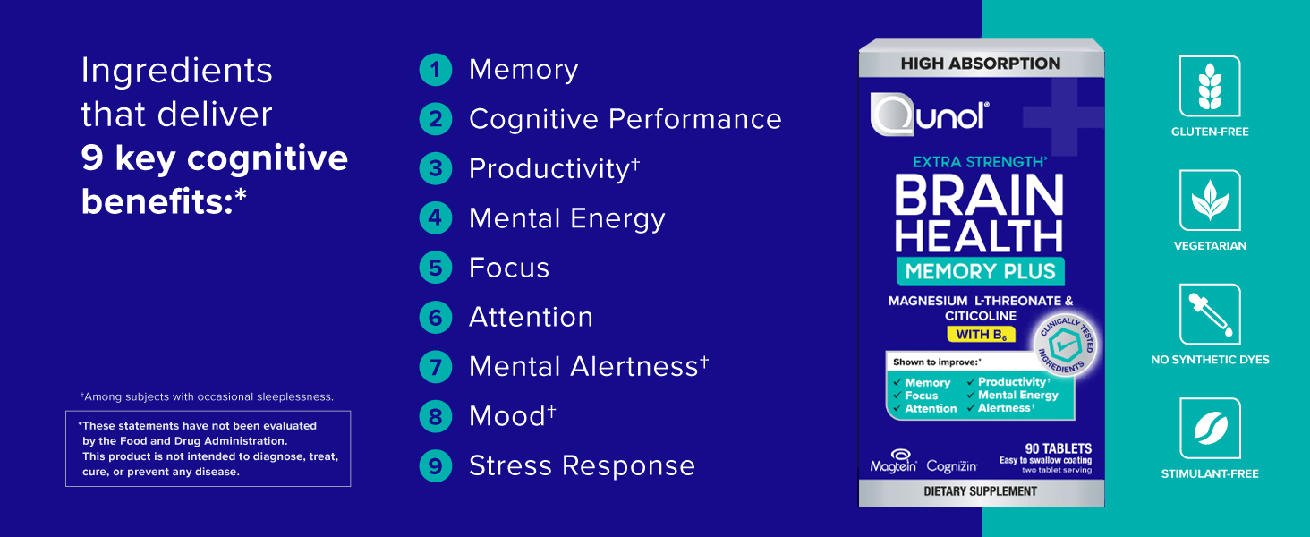 Qunol Brain Health Memory Plus w/Magtein, Cognizin & Vitamin B6, 90ct