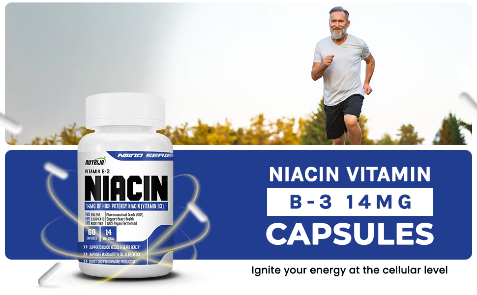 NutriJa Niacin Vitamin B-3 14mg | For Vascularity & Increase Cellular Energy- 60 Capsules