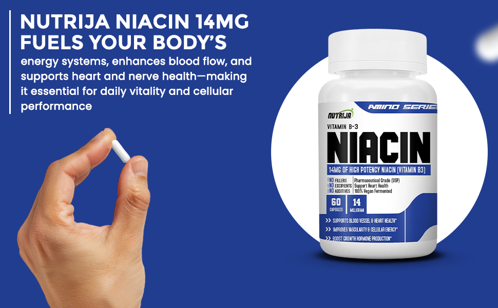 NutriJa Niacin Vitamin B-3 14mg | For Vascularity & Increase Cellular Energy- 60 Capsules