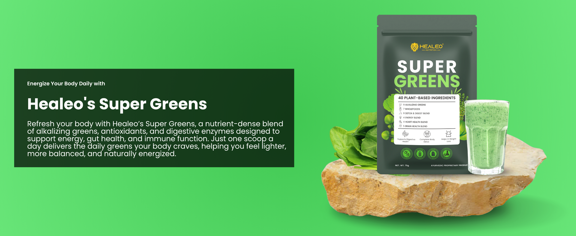 Healeo Super Greens Powder 75g | Daily Greens with 40 Plant-Based Ingredients | Acne Control, Skin Health, Digestion, Detox & Immunity | Superfood Green Powder Supplement for Men & Women