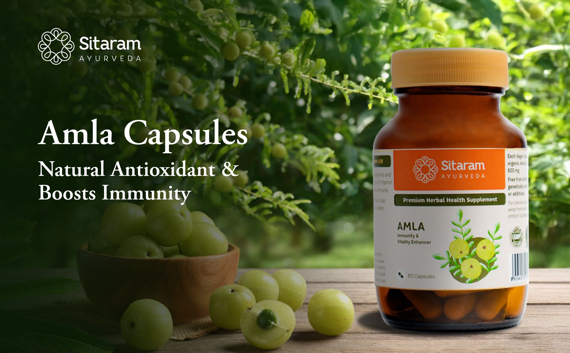 Sitaram Ayurveda Amla Capsule | Ayurvedic Vitamin C Rich Herbal Supplement | Supports Immunity, Antioxidant Activity, Heart, Gut, Hair & Skin Health | Vegan | 60 Nos