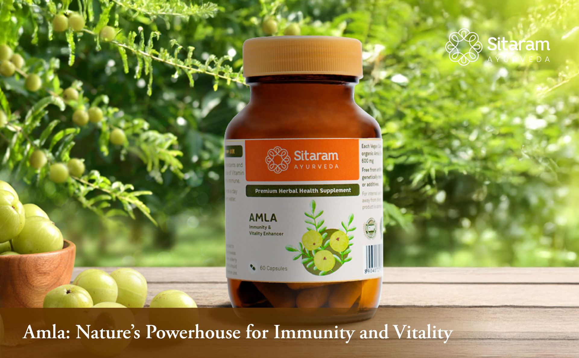 Sitaram Ayurveda Amla Capsule | Ayurvedic Vitamin C Rich Herbal Supplement | Supports Immunity, Antioxidant Activity, Heart, Gut, Hair & Skin Health | Vegan | 60 Nos