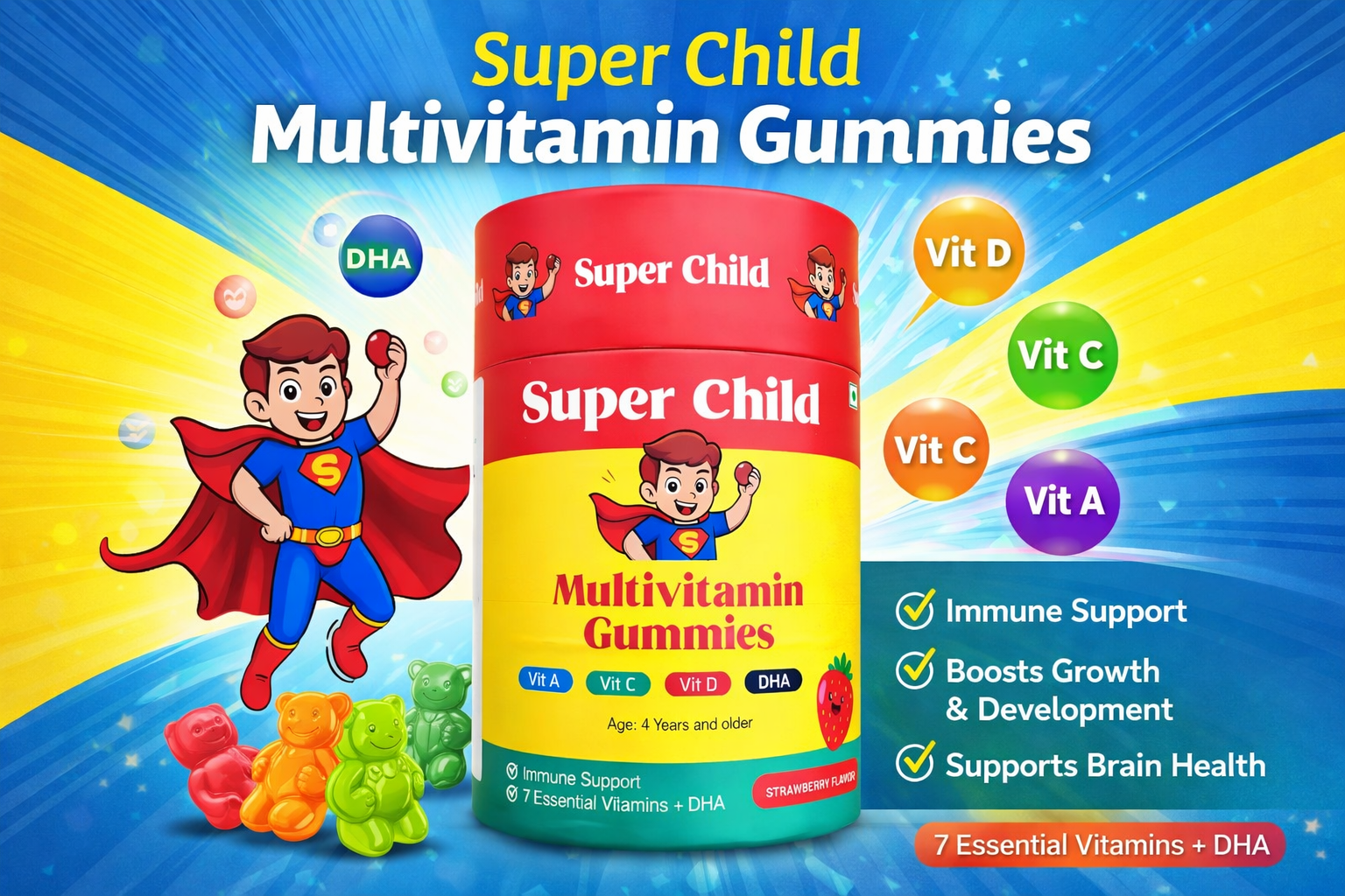 Kids Multivitamin Gummies with DHA | Supports Brain & Immune Health | Essential Vitamins & Minerals | Natural Strawberry Flavour | 30 Gummies | 4+ Years