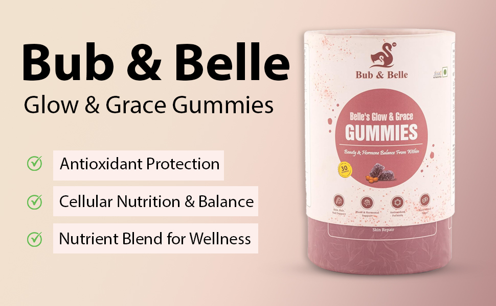 bub & belle Belle's Glow & Grace Gummies | Beauty Wellness Support Gummies | with Biotin Vitamin C E Zinc Selenium Folic Acid Inositol | for Skin Hair Nails Care | 200GM