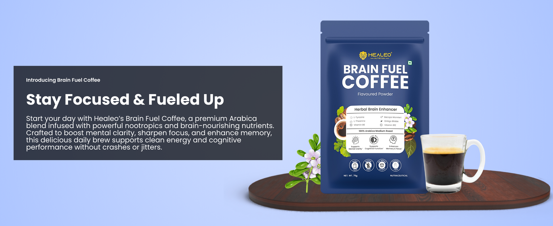 Healeo Brain Fuel Coffee 75g – Herbal Brain Enhancer with L-Tyrosine, L-Theanine, Bacopa, Ginkgo Biloba, B6 & B12 – Enhances Memory, Focus, Clarity – 100% Arabica Medium Roast – No Jitters