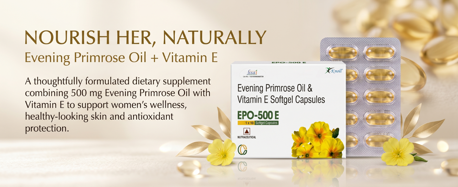 Knoll Healthcare EPO-500E Evening Primrose Oil 500 mg with Vitamin E Softgel Capsules | Supports Women’s Wellness, Skin Health & Antioxidant Support | Dietary Supplement (5x10 Capsules)