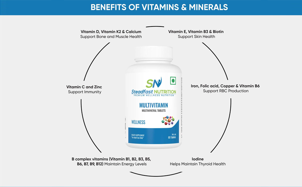 Steadfast Nutrition Multivitamin Multi Minerals Vitamins Omega-3 Fatty Acids Immunity Booster (60 Tablets)