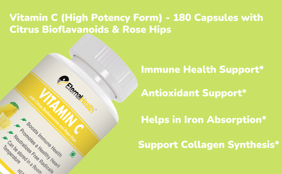 EternalHealth Vitamin C (High Potency Form) - 180 Capsules with Citrus Bioflavanoids & Rose Hips - 180 Veg Capsules