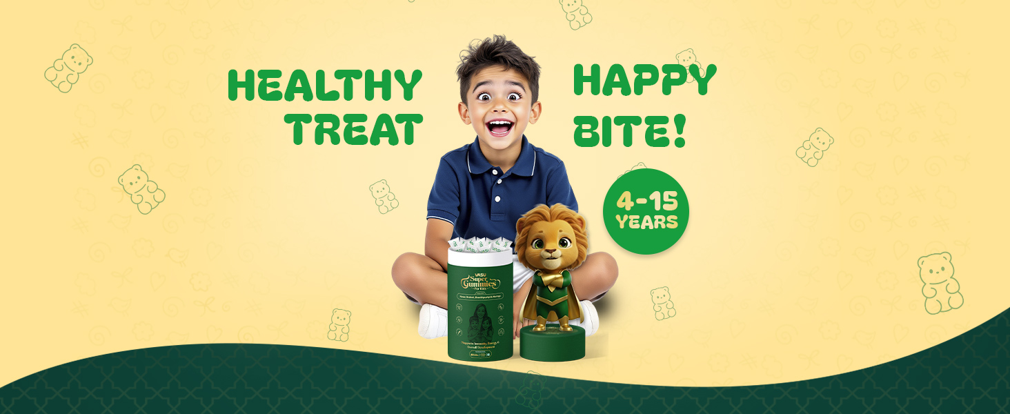 Vasu Super Gummies for Kids (30 Gummies) – Enriched with Kesar, Moringa, Brahmi & Shankhpushpi | Supports Immunity & Gut Health | Pre+Probiotics | DHA, Vitamins & Minerals | No Added Sugar