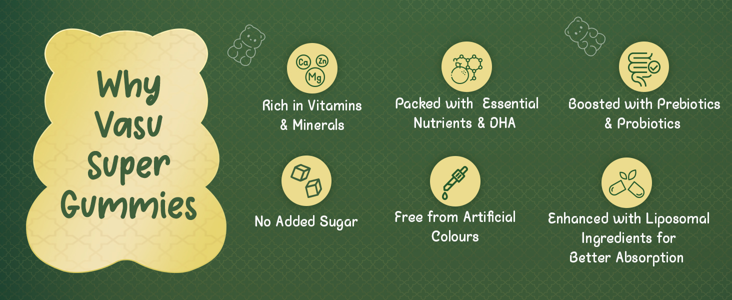 Vasu Super Gummies for Kids (30 Gummies) – Enriched with Kesar, Moringa, Brahmi & Shankhpushpi | Supports Immunity & Gut Health | Pre+Probiotics | DHA, Vitamins & Minerals | No Added Sugar