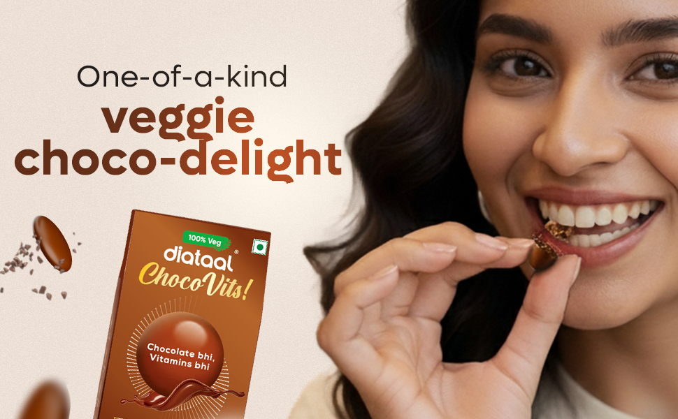 Diataal ChocoVits Veg, Chewable Multivitamin | 30 Chocolaty Tabs with 11 Essential Vitamins | Power of B-complex vitamins, B12, D3, Nicotinamide, Vitamin A, C & E for Energy | Immunity | Healthy Skin.