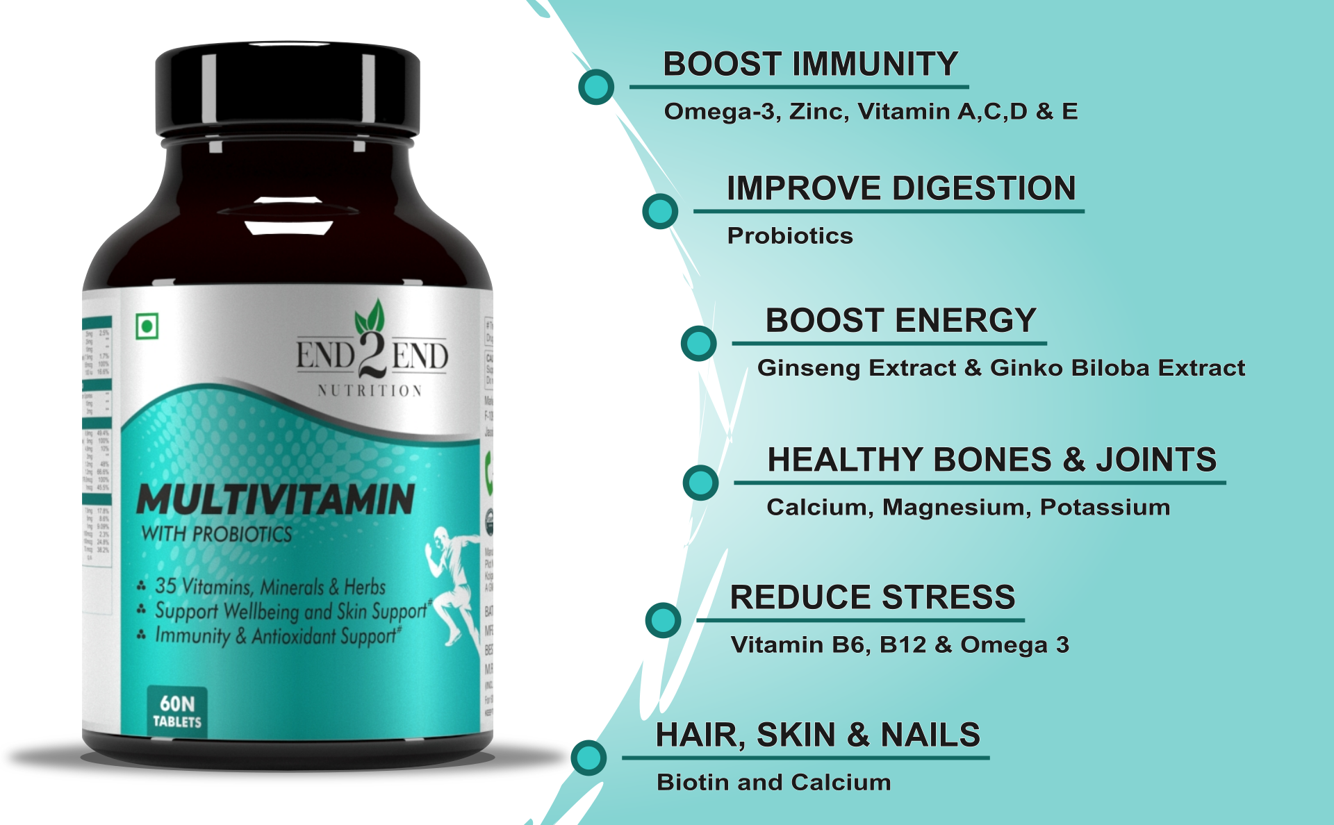 End2End Nutrition Multivitamin Tablets for Men and Women with Probiotics Supplement for immunity with 33 Ingredients (60 Tablets)