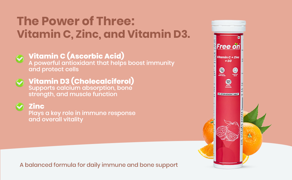 Free On Vitamin C + Zinc + D3 Effervescent Immunity Booster, 20 Tablets