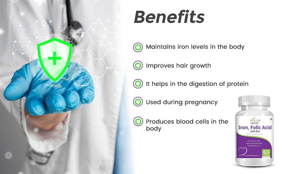 Natures Velvet Lifecare Iron & Folic Acid with Zinc,For Supplementation in Pregnancy, 60 softgels - Pack of 1