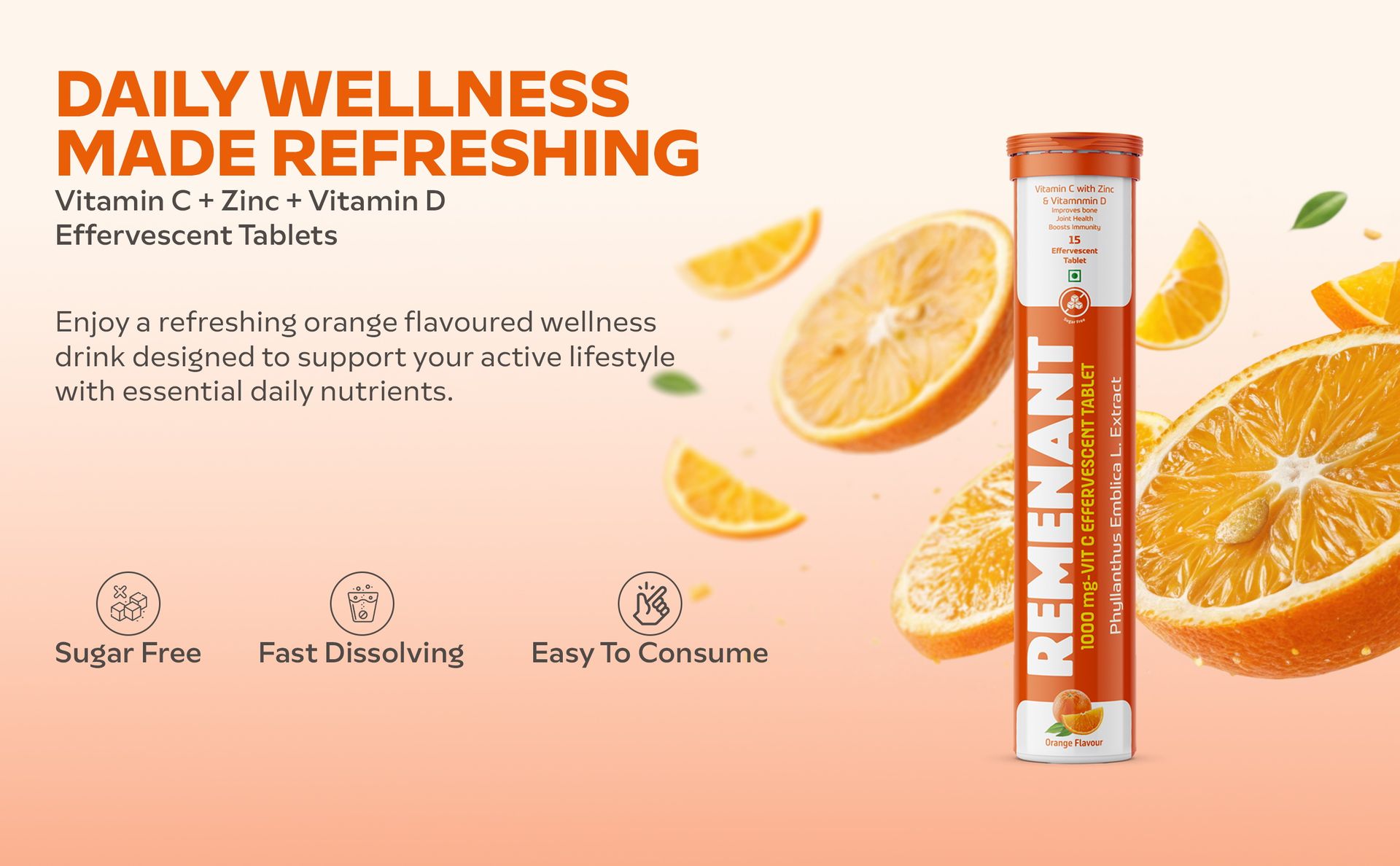 REMENANT 1000 mg Vitamin C Effervescent Tablets with Zinc & Vitamin D – Phyllanthus Emblica Extract, Orange Flavour, 15 Tablets