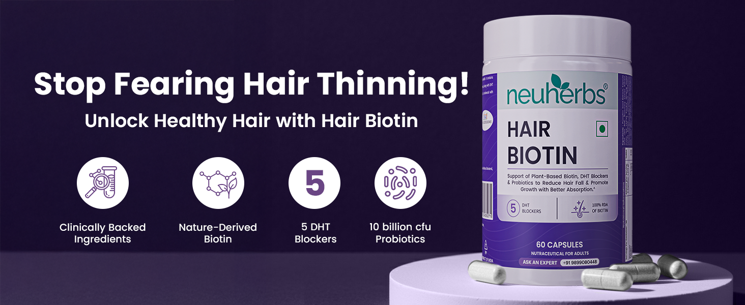 Neuherbs Hair Biotin Capsules for Hair Growth | Supports Hair Fall Control & Stronger Thicker Hair | With DHT Blocker for Men & Women | Healthy Scalp & Hair Repair | 60 Capsules