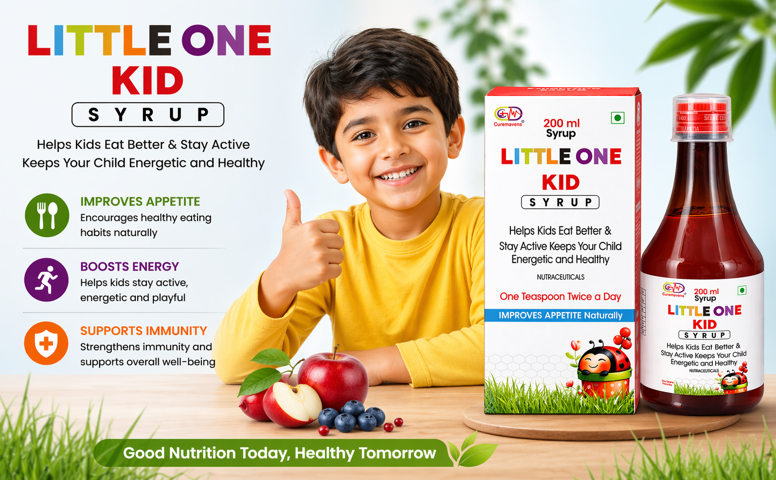 Little One Kid Syrup, Nutritional Supplement for Children, 200 ml, Improves Appetite Naturally with L-Lysine and B-Complex Vitamins, Orange Flavour