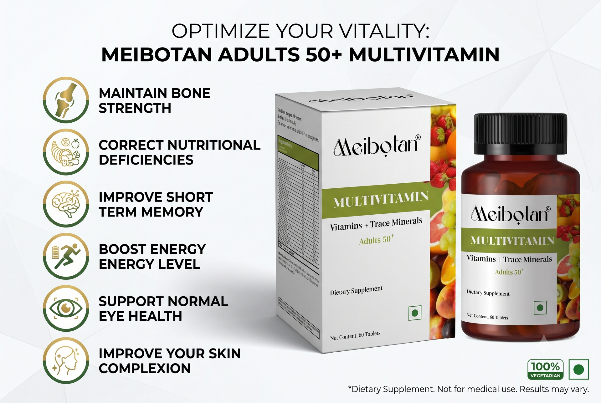 Multivitamin Tablets for Men and Women, 60 Multivitamin Tablets, with Zinc, Vitamin C, Vitamin D3, Multiminerals and Ginseng Extract, Enhances Energy, Stamina & Immunity for Age 50+
