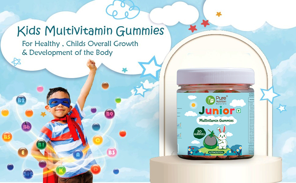 Pure Nutrition Multivitamin Kids Gummies (60 Veg Gummies) with Free Toy | Ashwagandha, Vitamin B & Lysine | Supports Child's Immunity, Bone Health, Memory & Overall Growth | Strawberry Flavour
