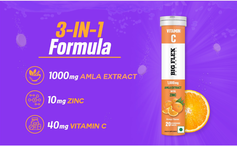 Bigflex Vitamin-C 1000mg Natural Amla Extract + 10mg Zinc | Antioxidants Support | Natural Immunity Booster | Skin Care | Zero Sugar - Pack of 1 (20 Fizzy) Effervescent Tablets - Orange flavour