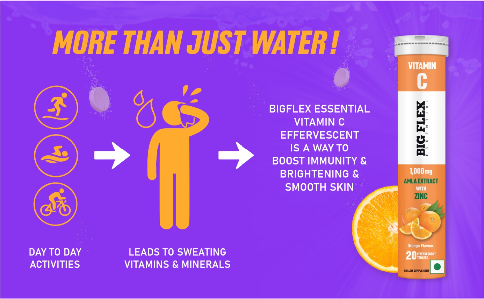 Bigflex Vitamin-C 1000mg Natural Amla Extract + 10mg Zinc | Antioxidants Support | Natural Immunity Booster | Skin Care | Zero Sugar - Pack of 1 (20 Fizzy) Effervescent Tablets - Orange flavour
