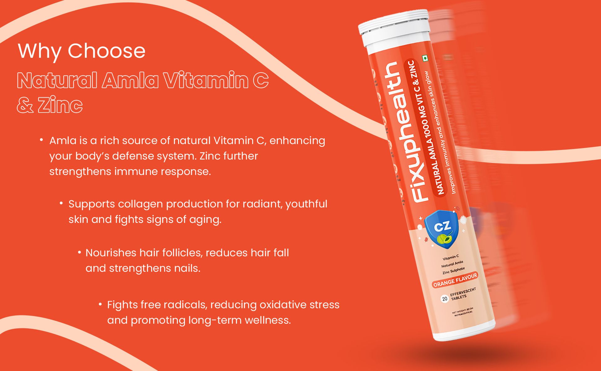 Fixuphealth Vitamin C Tablets, 20 Effervescent Tablets with 1000mg Amla & Zinc, Vitamin C Supplement for Immunity, Glowing Skin & Collagen Support, Healthy Hair & Nails, Orange Flavor
