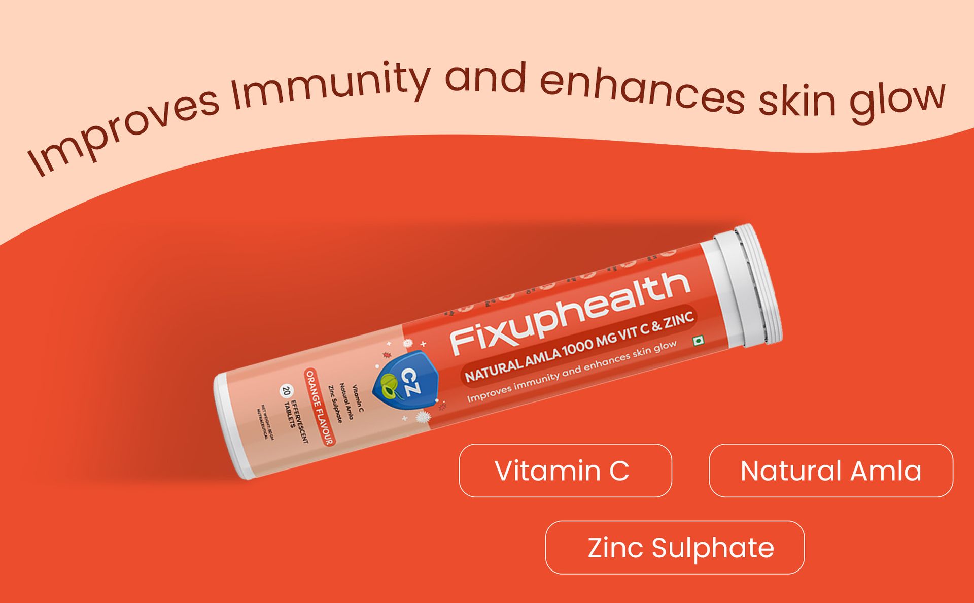 Fixuphealth Vitamin C Tablets, 20 Effervescent Tablets with 1000mg Amla & Zinc, Vitamin C Supplement for Immunity, Glowing Skin & Collagen Support, Healthy Hair & Nails, Orange Flavor