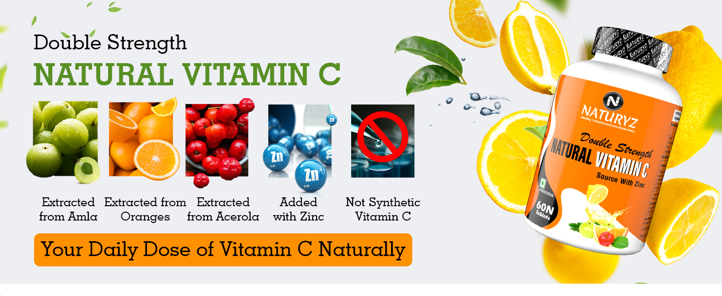 Naturyz Double Strength Natural Vitamin C & Zinc Supplement with Amla, Acerola Cherry, Citrus Bioflavonoids rich in Antioxidants for Immunity Support & Skincare pack of 2 (120 Vegetarian tablets)