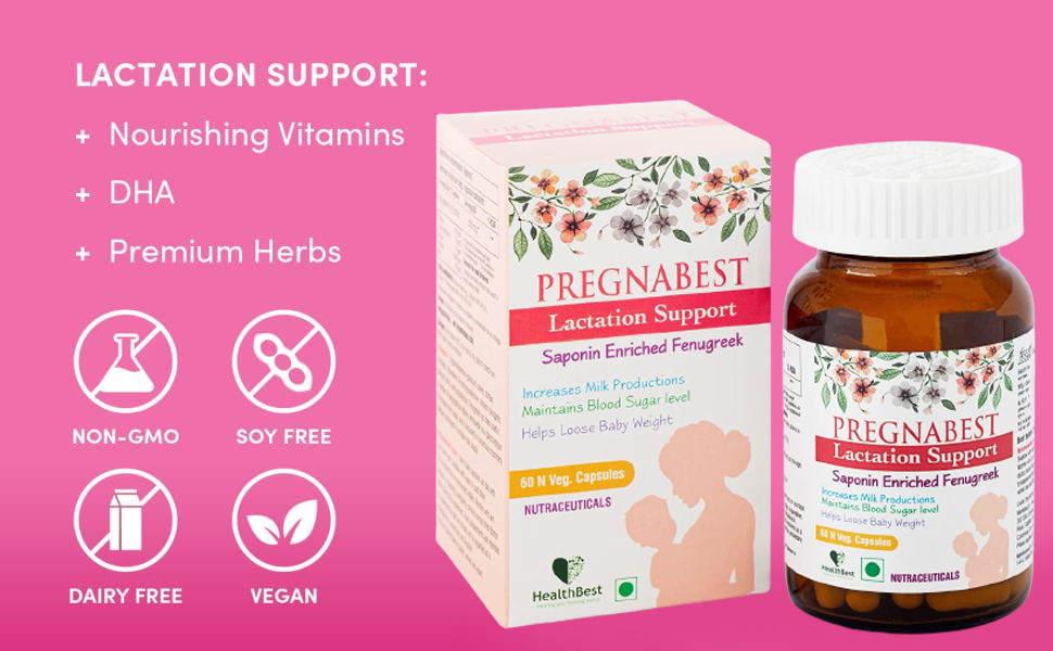 HealthBest Pregnabest Lactation Support for Women – 30 Capsules | Promotes Healthy Breast Milk Production | Natural Breastfeeding Supplement Herbal Formula with Fenugreek