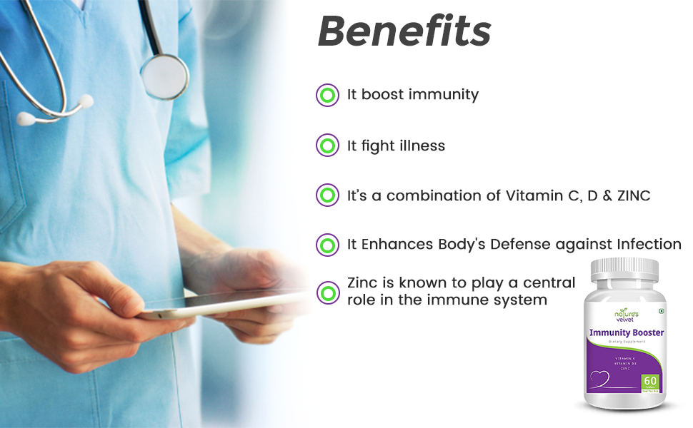 nature's velvet Immunity Booster with Vitamin C, Vitamin D3 and Zinc for Strong Defence against Bacterial and Viral Infections - 60 Tablets Pack of 1